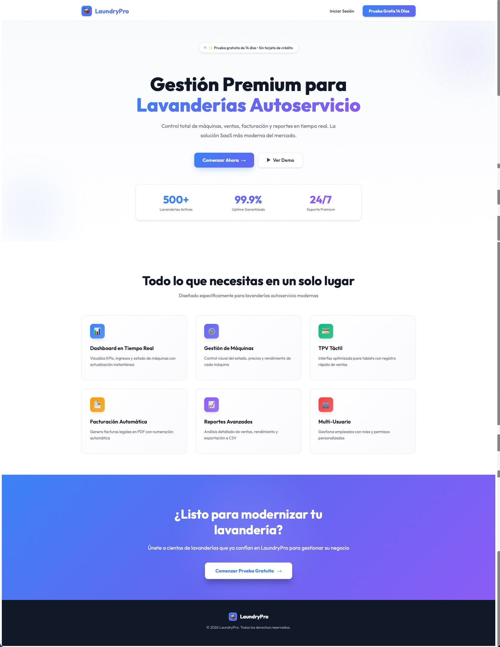 LaundryPro — Gestión premium para lavanderías autoservicio